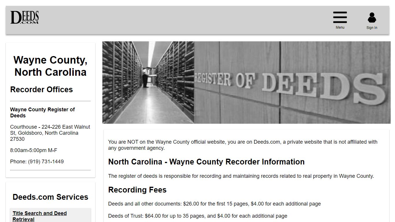 Wayne County Recorder Information North Carolina - Deeds.com